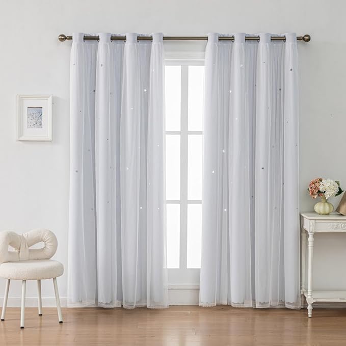 FANLI Ombre Rainbow Blackout Curtains for Kid Girls Bedroom Living Room Darking Stripe Double Layer Star Cut Out Wall Home Decor Gradient Grommet Window Curtains (Greywish White 95)