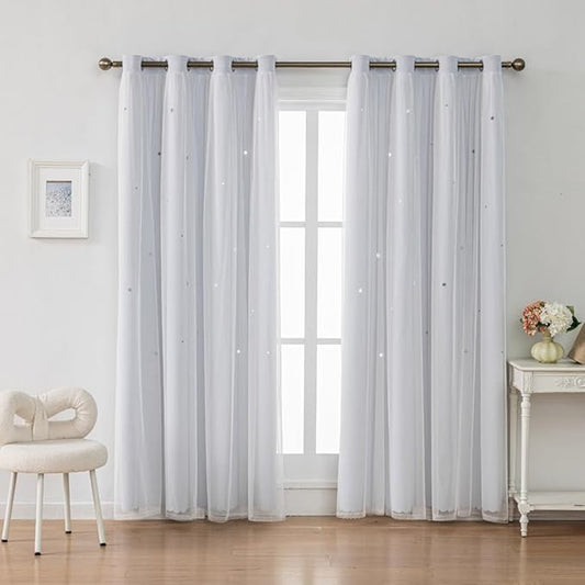 FANLI Ombre Rainbow Blackout Curtains for Kid Girls Bedroom Living Room Darking Stripe Double Layer Star Cut Out Wall Home Decor Gradient Grommet Window Curtains (Greywish White 95)