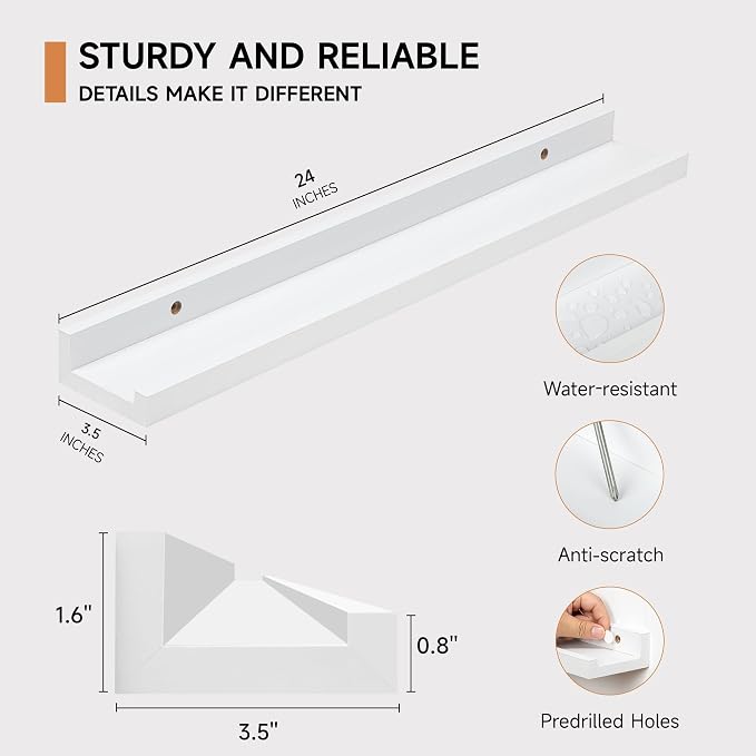 Fun Memories Picture Ledge Shelf for Wall, Floating Shelves Set of 4, 24 Inch Long Nursery Book Shelves for Toys Storage, Kids Bookshelf Wall Mounted for Books Photo Frames, White