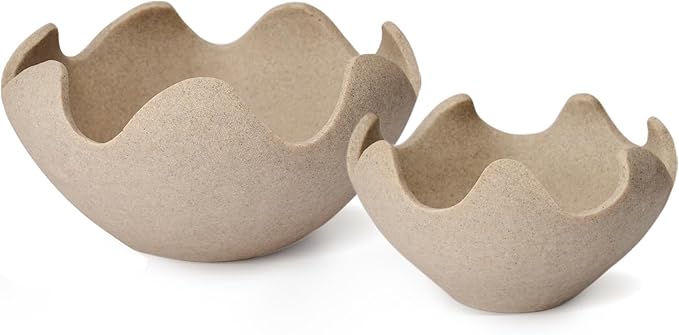 Wavy Decorative Bowl Home Decor - Set of 2 Modern Handmade Decorative Fruit Bowl for Kitchen Counter, Creative Centerpiece Decor for Entryway Table Coffee Table, Artificial Stone Beige