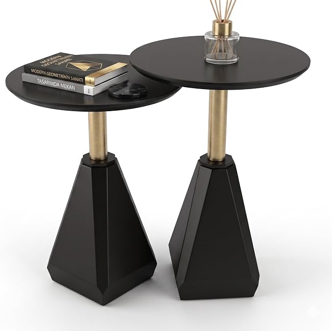 Round Wood Side Table, Set of 2, Coffee Nightstand Cocktail Drink Modern Accent Circle End Table, Wood Pedestal Base for Living Room, Bedroom, Small Spaces, Offices, Black