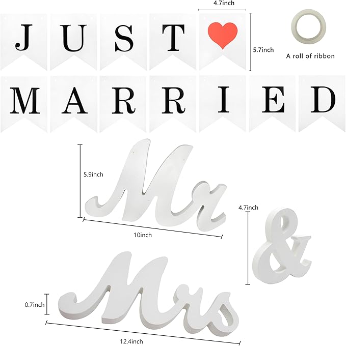 Mr Mrs Sign with Just Married Banner for Wedding Table, Mr and Mrs Wooden Letters, Mr. & Mrs. Wedding Decoration Items, Anniversary Party Vintage Decor (White W/banner)