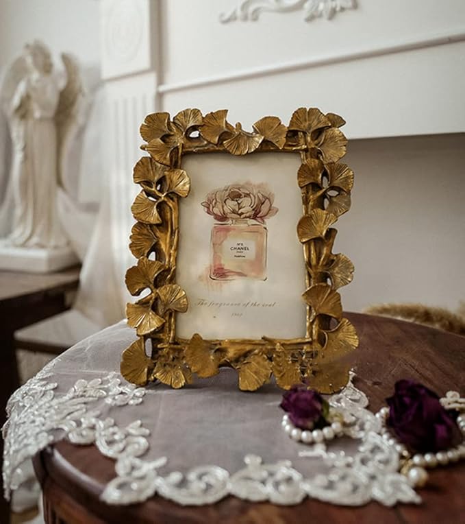 JOSON Vintage Photo Frame, Ginkgo Biloba Resin Gold Frame for Desktop Display and Wall Mount Home Decor (6 X8 Oblong)