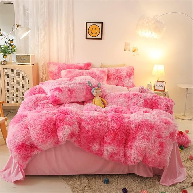 chovy Faux Fur Tie-Dyed Pink White Red Colorful Comforter Sets King - 3PC Bed Set Ultra Soft Plush Flannel Velvet Fluffy Fuzzy Bedding（Comforter x 1 Pillowcases x 2）