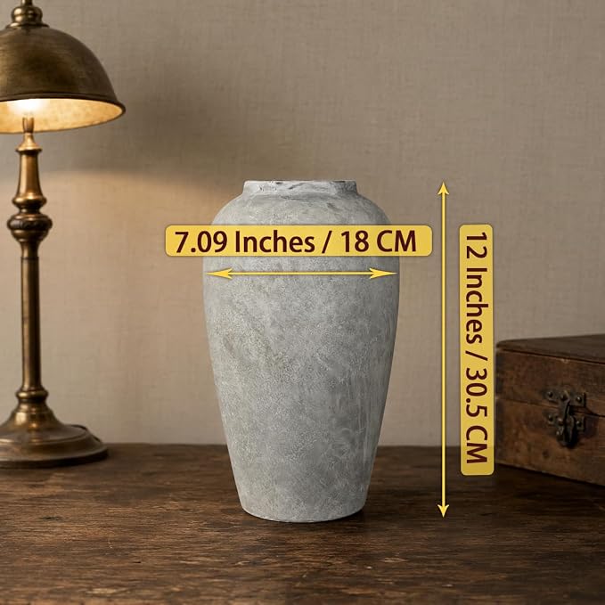 12 Inch Ceramic Rustic Farmhouse Vase, White Grey Handmade Pottery Vase for Living Room & Home Decor, Rustic Flower Vases for Table Centerpieces & Shelf Decoration, Wedding Gifts