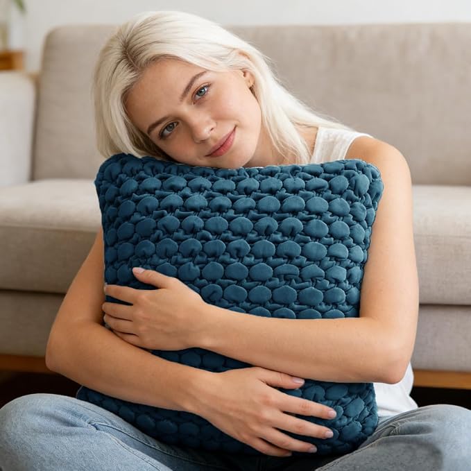Throw Pillow Covers 18x18 Set of 2 Velvet Square Pillowcase Soft Skin-Friendly Thickened Decorative Farmhouse Cushion Covers Soft Bubble Texture for Couch Sofa Bedroom Living Room,Blue