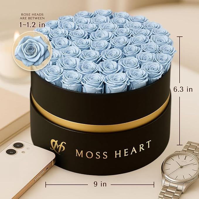 50 Petite Preserved Roses, Designer Round Box, Real Forever Roses Last 1+ Year, Premium Gift for Women, Wife, Girlfriend, Mother’s Day, Birthday, Anniversary, Valentine’s Day