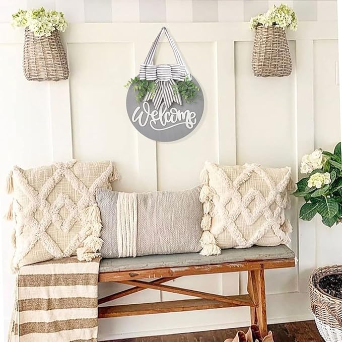 Welcome Sign for Front Door Wreath Decorations for All Seasons Front Porch Decor Hanging Gift for Farmhuose Home Outdoor Indoor (Gray-Welcome)