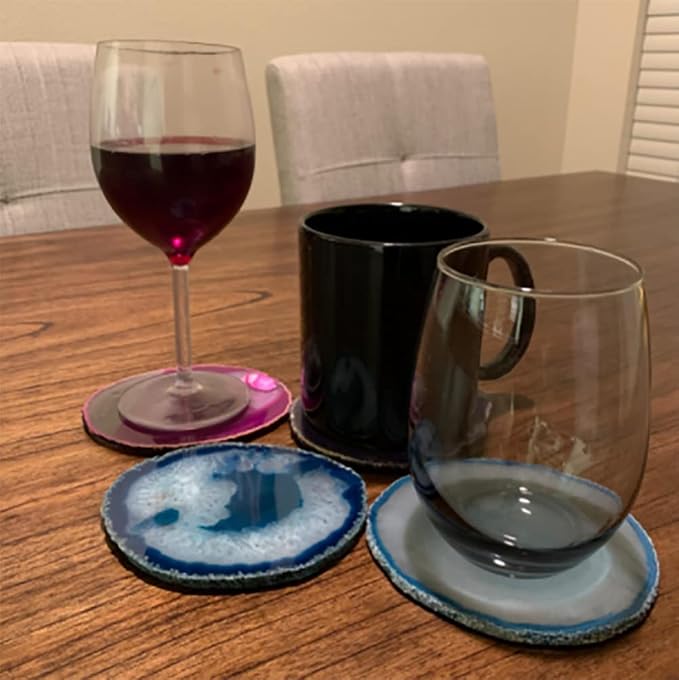 JIC Gem 4-5" Extra Mixed Dyed Color Agate Coasters Polished Natural Geode Coasters Sliced with Free Rubber Bumper Set of 4 Home Decoration