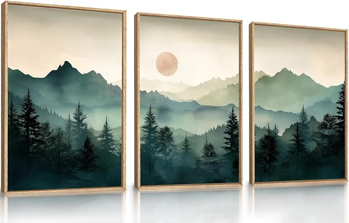 LHIUEM Large Boho Mountain Framed Wall Art Set,Green Foggy Forest Wall Painting,Abstract Nature Sunrise Artwork,Watercolor Pine Tree Wall Decor for Living Room,Bedroom,Office-16''x24''x3