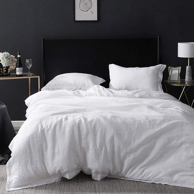 Simple&Opulence 100% Linen Duvet Cover Set with Embroidery Border Washed - 2 Pieces (1 Duvet Cover & 1 Pillow Sham) with Button Closure Soft Breathable Farmhouse - White, Twin Size