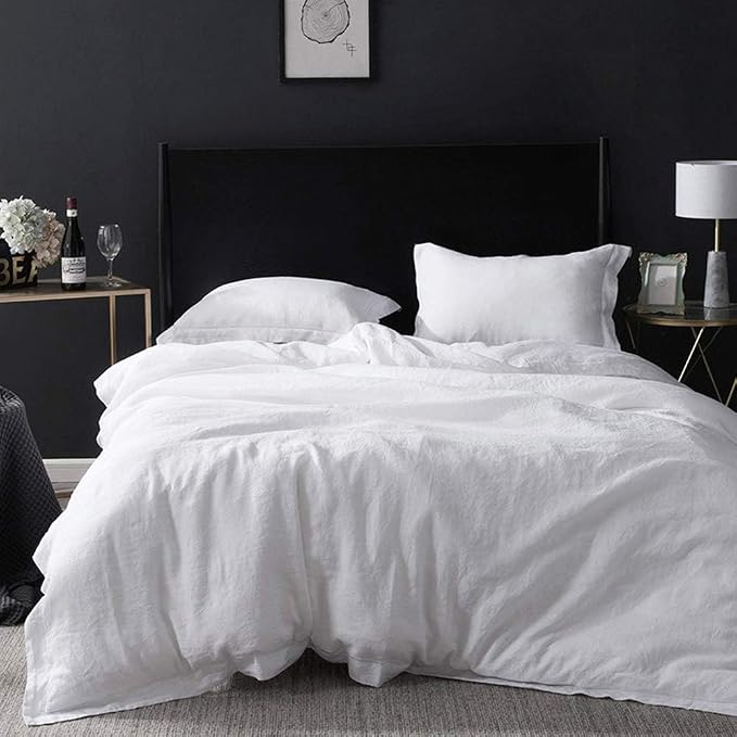 Simple&Opulence 100% Linen Duvet Cover Set with Embroidery Border Washed - 3 Pieces (1 Duvet Cover with 2 Pillow Shams) with Button Closure Soft Breathable Farmhouse - White, Full Size