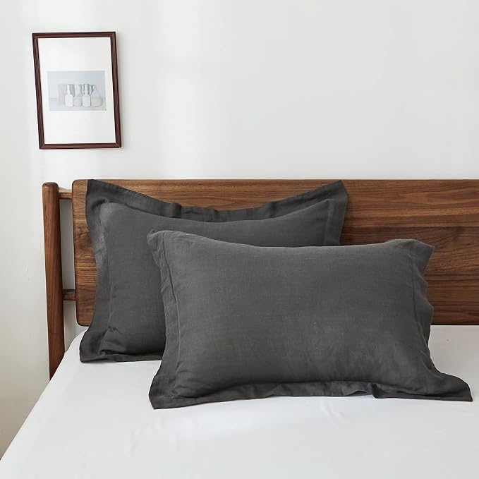 100% French Linen Pillow Shams Basic Style - Pack of 2 - Washed Solid Color Natural Flax Soft Breathable - Dark Grey, 20'' x 26''