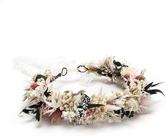 Preserved Natural Dried Flower Crown Rustic Wedding Wreath Headband Pink and White Bohemian Floral Hair Garland for Brides,Family Photo Shoot,Birthday Party,Bridesmaids Flower Girls