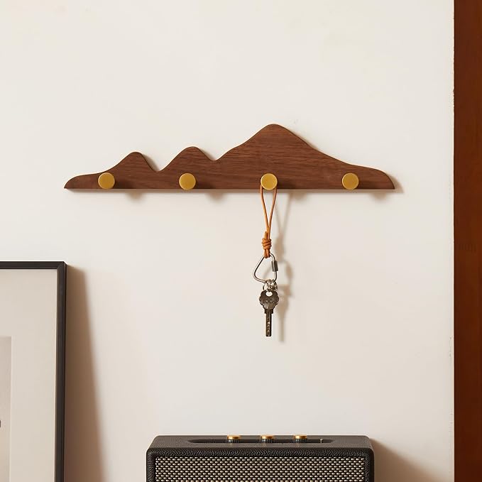 Elegant Wall Coat Rack with Hooks Walnut Wood Solid Coat Hanger Wall Mount with 4 Brass Hooks, Moisture-Resistant Wax Oil Finish for Home(Walnut, 4 Hooks)