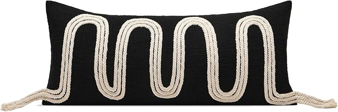 Black Decorative Lumbar Pillow Cover 12x28, Handwoven Boho Long Body Pillowcase, Farmhouse Linen Cotton Pillow Cushion Case for Sofa, Bed, Living Room, Bedroom