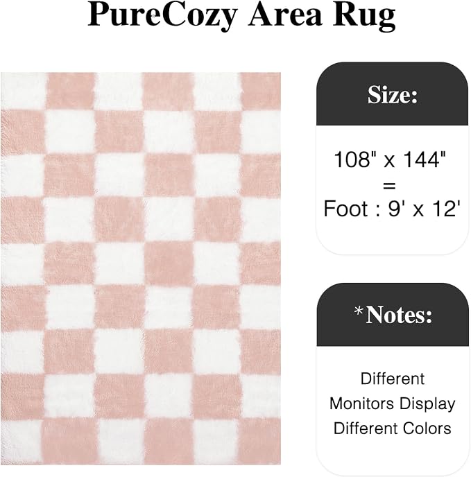 PureCozy Checkered Rug 9x12 for Living Room, Pink and White Modern Shag Rugs Super Soft Washable Indoor Office Fuzzy Carpet Non-Slip Fluffy Rugs for Bedroom Home Aesthetic Decor