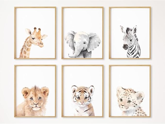 Tanmart Nursery Animal Wall Art Decor Baby Safari Canvas Prints Jungle Animal Wall Art Poster Baby Room Art Nursery Safari Pictures for Bedroom Boys Room 8x10 Inch Set of 6 Unframed
