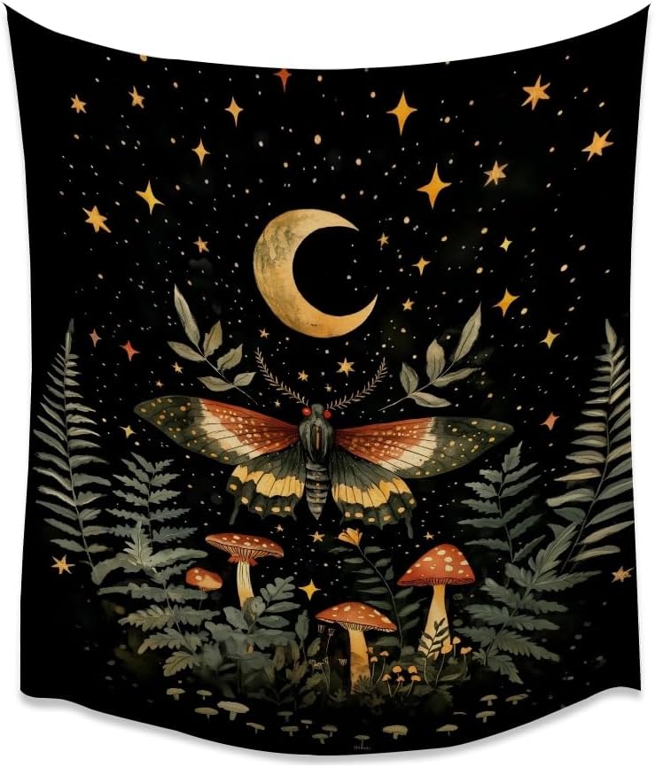 Mystical Moth Mushroom Tapestry Dark Academia Aesthetic Wall Hanging Decor Moon Star Witchy Print Butterfly Enchanted Forest Tapestries for Home Bedroom Living Room Office Decor 40x60inch