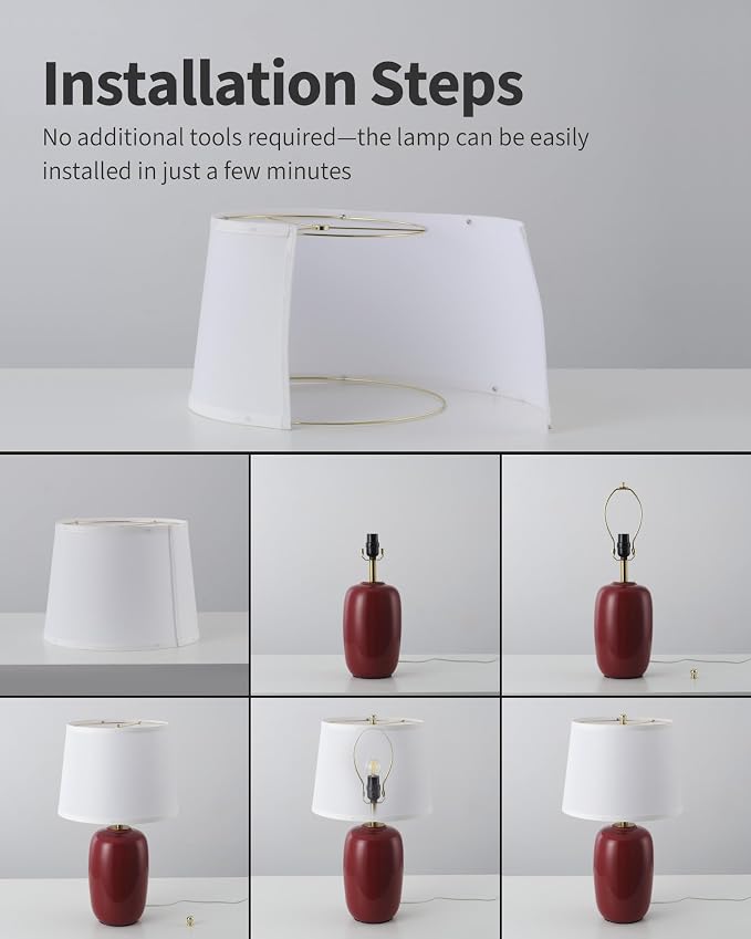 PUSU 22 Inch Red Ceramic Table Lamps Set of 2, Fabric Lampshade Living Room Office Desk lamp, E26 Socket Rotary Switch Lighting for Bedroom, Nightstand, Reading, Office, Study, Corner, Home Decor