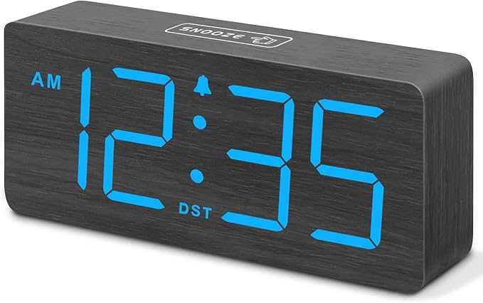 DreamSky Wooden Digital Alarm Clock for Bedroom - Desk Clocks for Living Room with Large Numbers, Dimmer, Loud Alarm for Heavy Sleepers with Volume Control, DST, Office Wood Decor (Plug in Clock)
