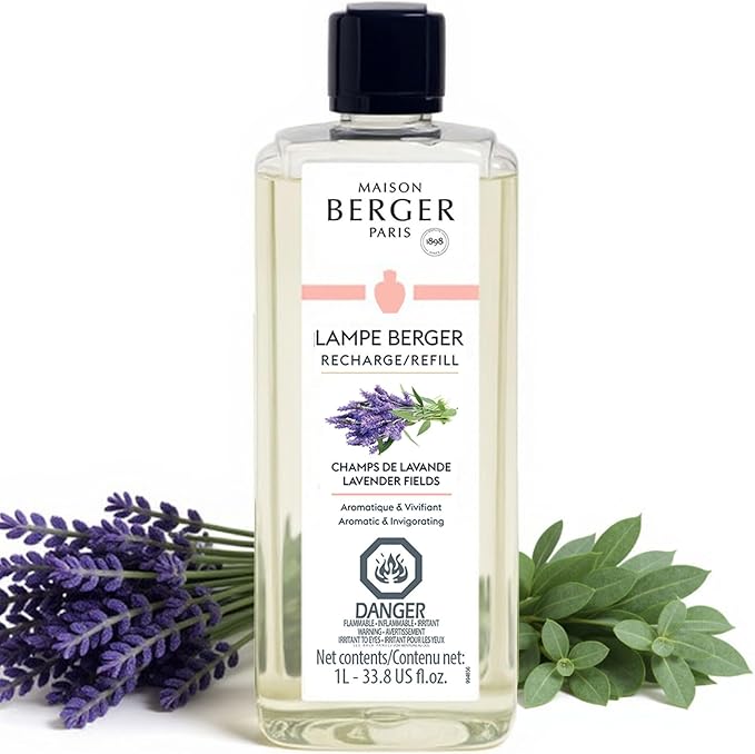 Maison Berger Lavender Fields Lampe Berger Refill, 1 Liter (33.8 fl oz), 2-in-1 Catalytic System, Neutralizes Odors and Diffuses Fragrance, Lavender, Eucalyptus, Made in France