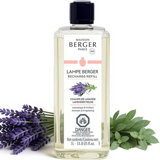 Maison Berger Lavender Fields Lampe Berger Refill, 1 Liter (33.8 fl oz), 2-in-1 Catalytic System, Neutralizes Odors and Diffuses Fragrance, Lavender, Eucalyptus, Made in France