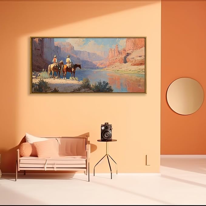 QTUSYUR Western Cowboy Wall Art - Large Farmed Desert Landscape Art Print -Rodeo Horseback Riding Canvas Artwork for Farmhouse Boys Bedroom Living Room- Mid-Century Modern Wall Picture for Home Decor 20×40 IN