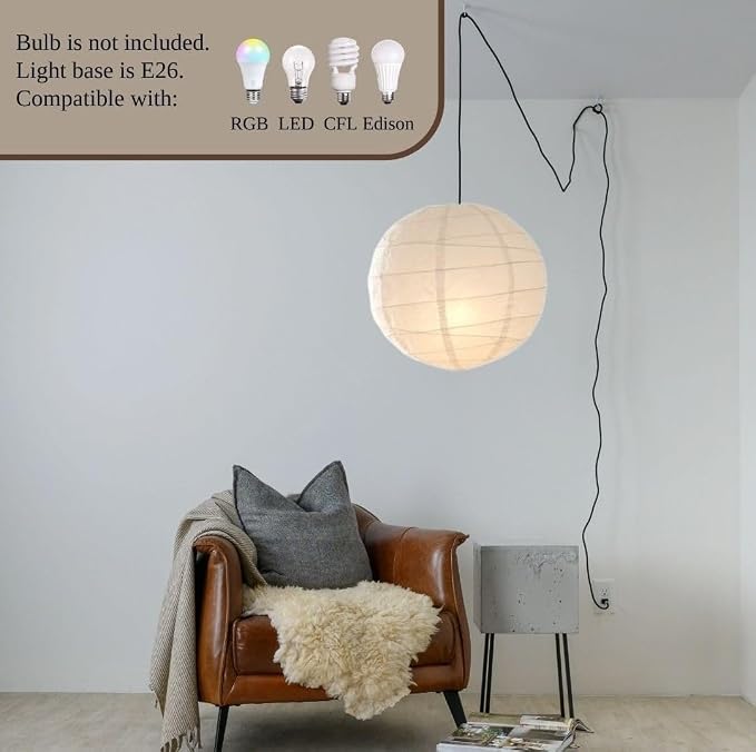 Nogy Japanese Style Lantern Pendant Light - Off White Round Handmade Rice Paper Lamp Shade with Cord Kit (Plug in (15ft), 29.5 in)
