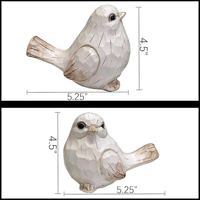KiaoTime Farmhouse Bird Decor Resin Bird Figurines - Set of 2, Vintage & Modern Bird Decor Statue for Home Decor Accents, Cottage Bird Ornaments Decoration New White Carved Rustic Bird Figurine
