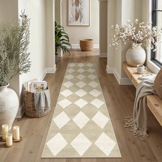 PureCozy Checkered 2x8 Runner Rug for Hallways Beige Washable Long Carpet Non-Slip Low Pile Modern Soft Indoor Accent Throw Rugs for Entrance Kitchen Bedroom Dining Laundry