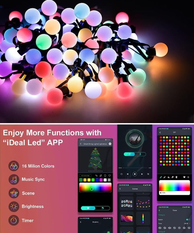 Hoofun Smart String Lights USB Powered, 33ft 50 LED Color Changing Globe Fairy Lights, Bluetooth APP & Remote Control, DIY Color, Music Sync Decorative for Bedroom Christmas Tree Tent Indoor Outdoor