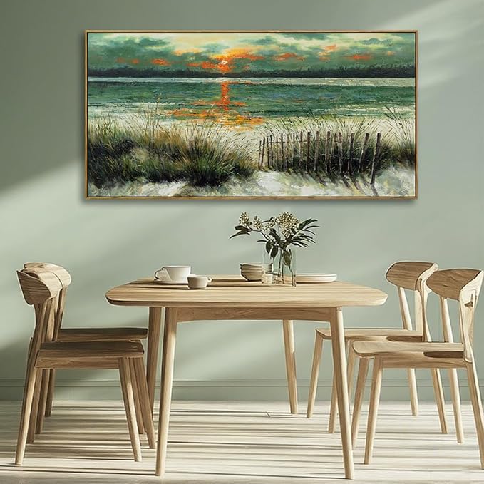 Kureful Green Abstract Wall Art Sunrise Beach Sea Ocean Sage Green Landscape Wall Decor Poster Pictures for Living Room Bedroom Dining Room 24"x48"