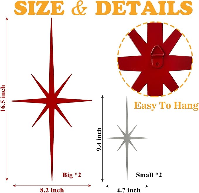 4 Pack Metal Star Wall Art 8 Pointed Starburst Wall Decor Set with 2 Large & 2 Small Pieces Mid Century Celestial Metal Wall Sculpture for Bedroom Living Room Office Gallery Wall