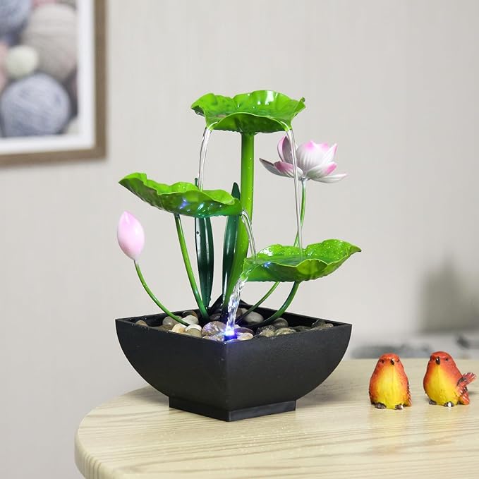 Water Fountain Indoor Waterfall Fountain 3-Tier Tabletop Fountain Lotus Desk Relaxation Home Decor Including Lots of Rocks and Soothing Sound Machine (Green 2)
