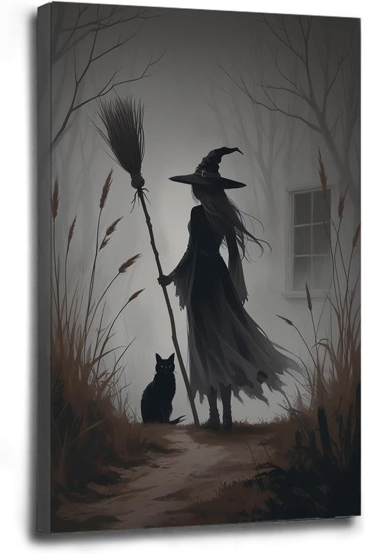 Vintage forest witch and black cat poster Halloween mural poster decoration mural art magic suitable for home living room bedroom8x12in Wood Framed