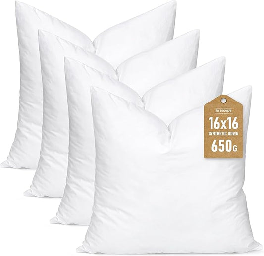 Artscope Synthetic Down Pillow Insert, 16x16 Down Alternative Throw Pillow Insert. Ultra Soft Fluffy Sleeping Pillow with 100% Cotton Cover, Decorative Pillows Set of 4-White.