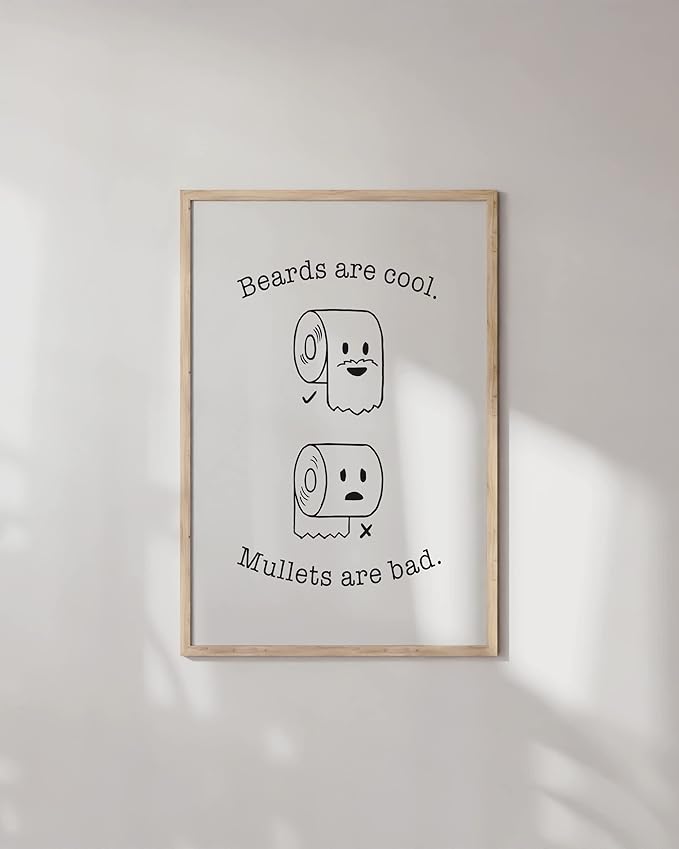 HAUS AND HUES Funny Bathroom Decor – Beard and Mullet Artwork, Playful Restroom Poster, Humorous Washroom Accent (24x36, Beige Frame)