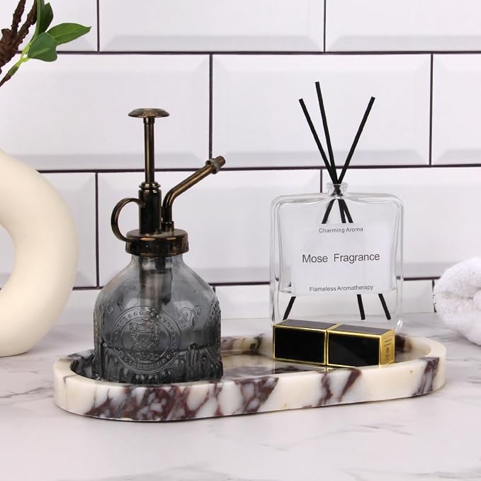 Oval Marble Bathroom Vanity Tray, Natural Luxury Marble Home Kitchen Bathroom Table Tray, Stone Decorative Countertop Tray for Coffee Perfume Jewelry (Calacatta Viola, 10" x 5" x 0.6")
