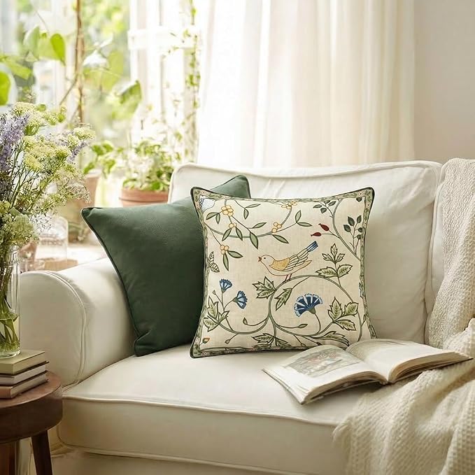 bilin gaier Designer Vintage Linen Throw Pillow Cover,28"x12"-Idaho A | Elegant Rectangular Pillow Cover,Concealed Zipper,Floral and Bird Pattern,Sofas,Bedroom,Living Room,Lounge Chairs