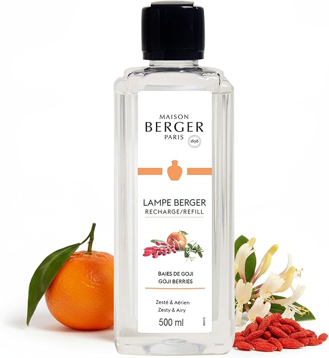 Maison Berger Goji Berries Lampe Berger Refill, 500 ml (16.9 fl oz), Odor-Neutralizing Home Fragrance Oil for Maison Berger Lamps, Orange, Mandarin, Lemon Zest, Honeysuckle, Carrot, Made in France