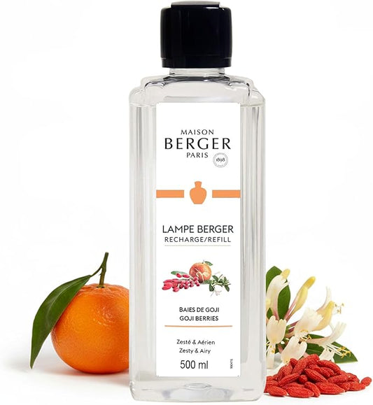 Maison Berger Goji Berries Lampe Berger Refill, 500 ml (16.9 fl oz), Odor-Neutralizing Home Fragrance Oil for Maison Berger Lamps, Orange, Mandarin, Lemon Zest, Honeysuckle, Carrot, Made in France