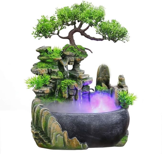 BRAVECOW Indoor Relaxation Desktop Fountain Waterfall with Atomizer and Automatic Pump Illuminated Waterfall Desktop Fountain for Home Office Bedroom Desk Decoration