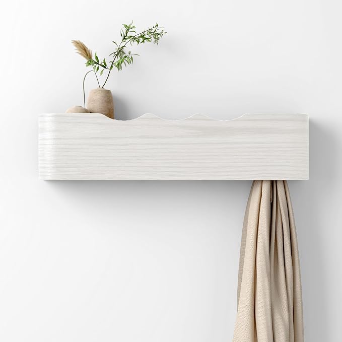 Coat Rack Wall Mount with Hidden Hooks, Wall Hooks with Shelf, Wall Key Holder Mount Wooden Shelf Entryway Hooks for Bedroom Bathroom for Hanging Coats Hats Bags Towels (White Wave-Shape, 4 Hooks)