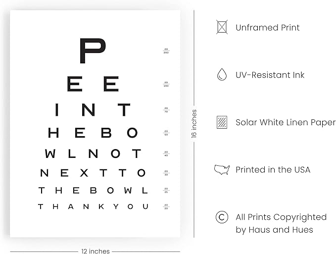 HAUS AND HUES Funny Bathroom Sign – Eye Exam Wall Art, Humorous Bathroom Print, Fun Wall Decor for Guest Bath, Restroom, or Home (12x16, Unframed)