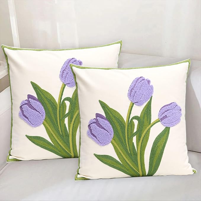 Pack of 2 Embroidered Decorative Throw Pillow Cover 18x18 Inch Farmhouse Floral Pillowcase for Living Room Sofa Bed (Purple Tulip)