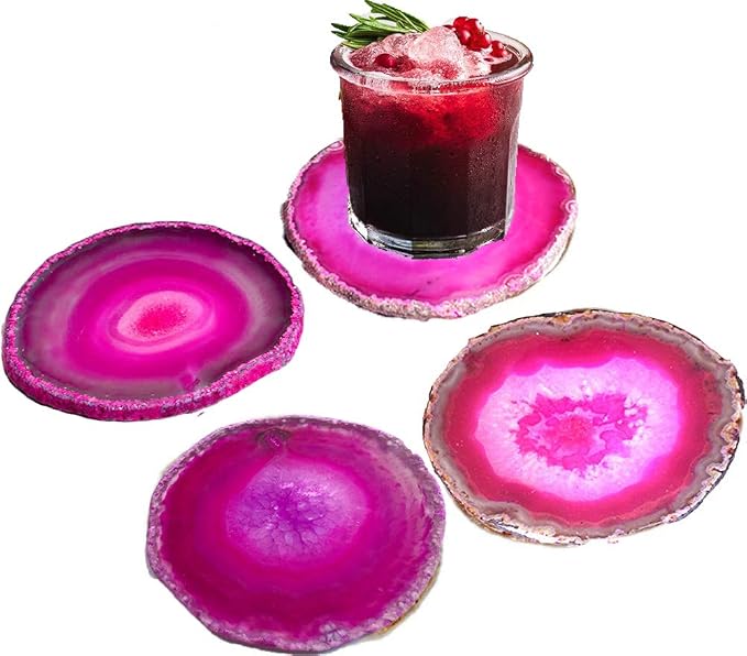 JIC Gem Dyed Pink 3.5-4" Agate Coaster Sliced Natural Agate Coaster for Coffee Cup Home Decor with Rubber Bumper Set of 4