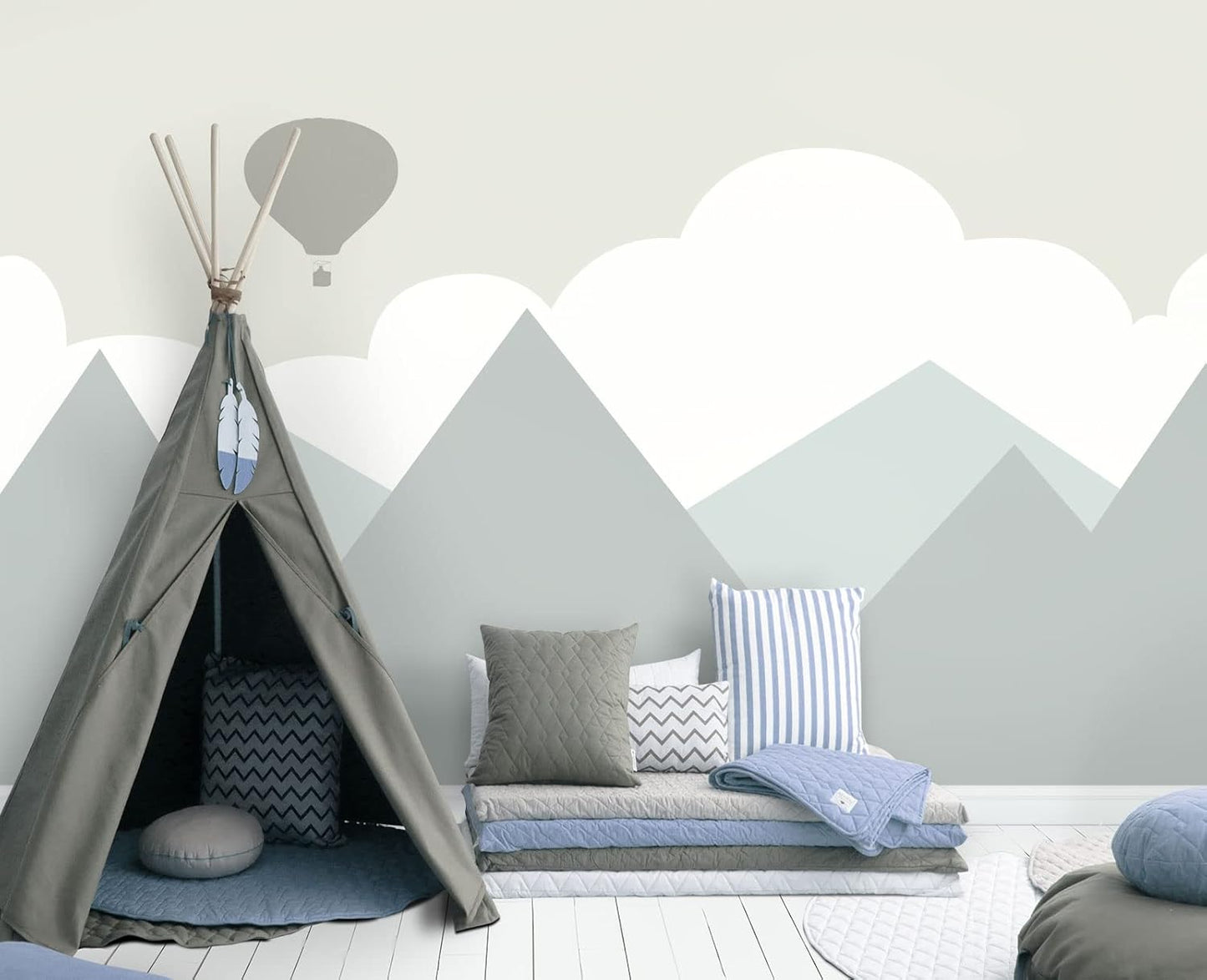 Cartoon Hot air Balloon Mountain Peak Baiyun Children's Nursery Wall Mural Wallpaper 137" x 100"