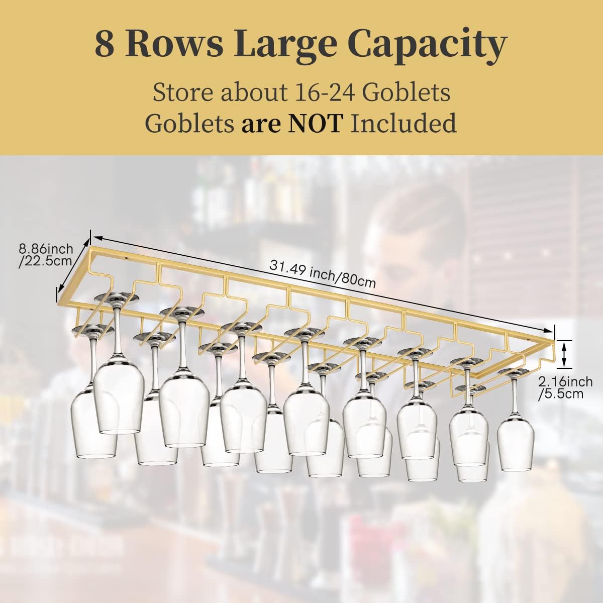 Xverycan Wine Glass Rack Under Cabinet, 8 Row Extreme Large Stemware Hanger, Metal Wine Goblet Holder, DIY Bar Glass Storage Rack for Bar Counter, Kitchen, Screws Included (Gold)