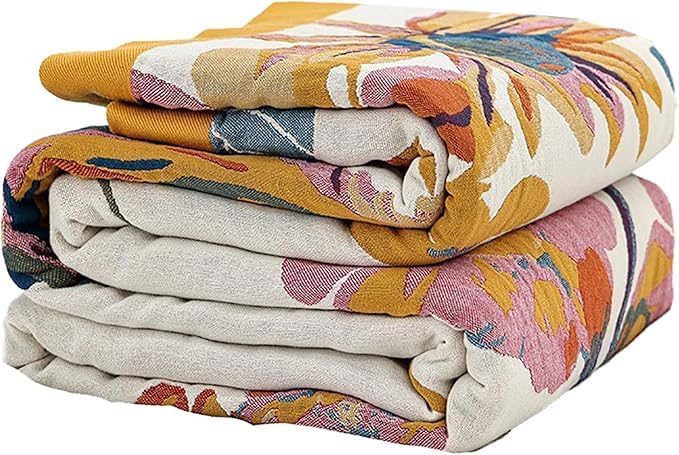 Boho Throw Blanket,Organic Cotton Ultra Soft Muslin Throw for Couch and Bed 50" x 60", Sofa Cover for Living Room Cozy Skin-Friendly Blankets,All Season Rustic Reversible Vintage Throw - Yellow